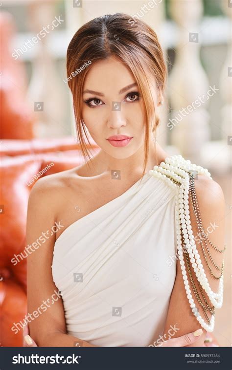 Portrait Beautiful Model Elegant White Dress Stock Photo 590937464