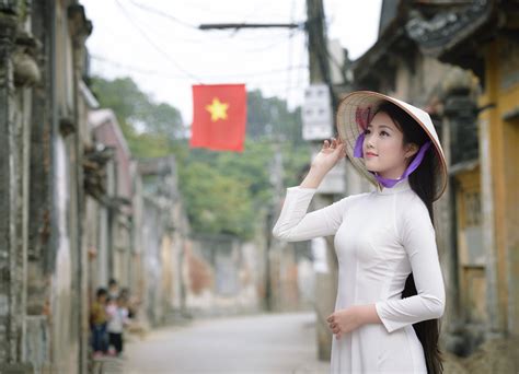 asian conical hat ao dai women 1080p asian model vietnamese girl hair hd wallpaper