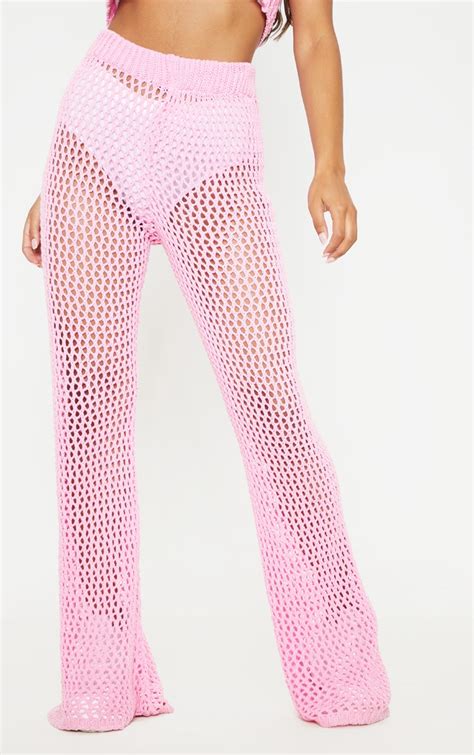 Pink Flared Crochet Trouser Knitwear Prettylittlething