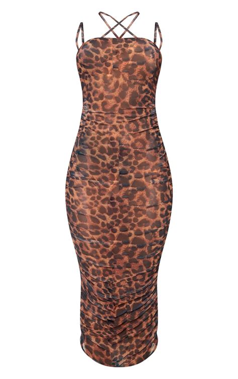 Brown Leopard Print Strappy Sheer Mesh Midaxi Dress Prettylittlething Usa