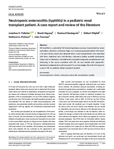 Pdf Neutropenic Enterocolitis Typhlitis In A Pediatric Renal