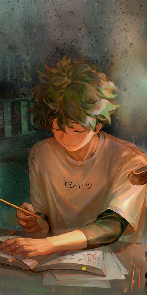 Download 1080x2160 Wallpaper Homework Green Hair Anime Boy Art