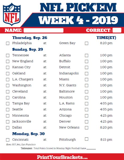 You can also find consensus odds from all major sportsbooks for week 4 of the nfl right here at fantasy data. Printable NFL Week 4 Schedule Pick em Pool 2019