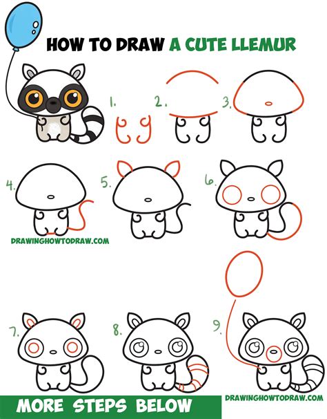 Easy step by step animal drawing tutorials for kids and beginners. How to Draw a Cute Cartoon Lemur (Kawaii / Chibi) with Easy Step by Step Drawing Tutorial for ...