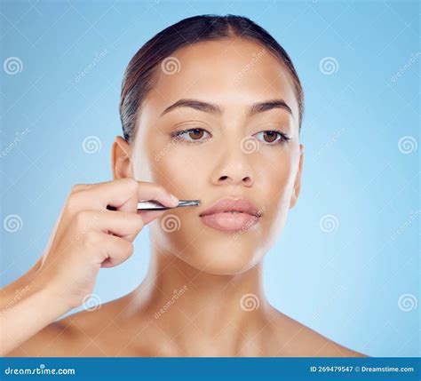 Tweezer Lip And Hair Removal With Woman In Studio For Beauty Grooming