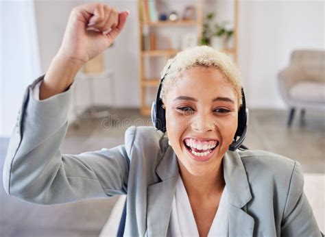 Winner Success Or Excited Black Woman In Call Center Company In