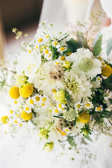 Yellow And White Bouquet With Craspedia Scabiosa And Daisies