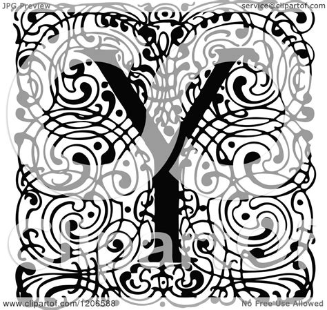 Clipart Of A Vintage Black And White Monogram Y Letter Over Swirls