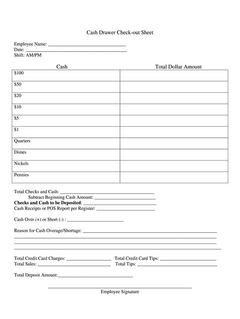 Cash Drawer Check Out Sheet Fill And Sign Printable Template Online