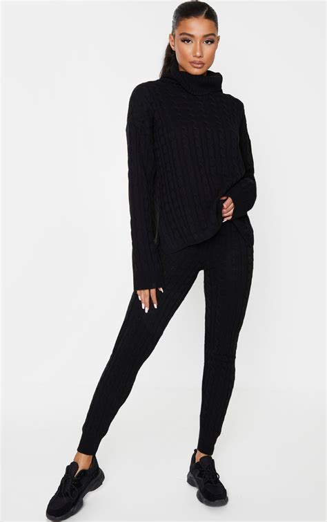 Black Cable Knit Roll Neck And Legging Set Prettylittlething Usa