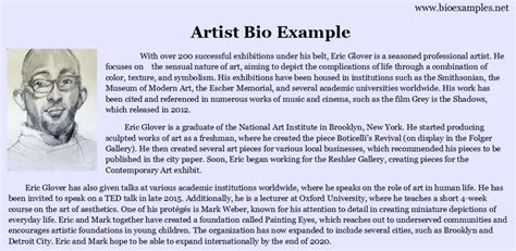 For example, you may create a pdf with a short synopsis of the story, your bio, and then an artist statement where you speak more personally about your work. Artist Bio Example | Artist bio example, Artist bio, Bio