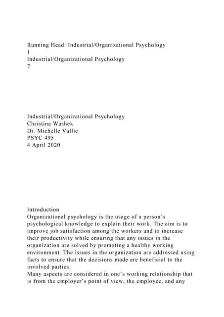 Running Head Industrialorganizational Psychology Docx