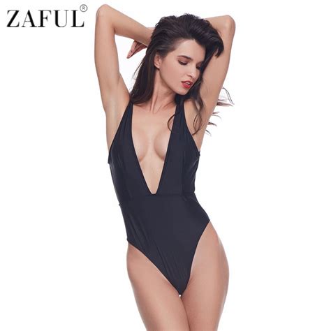 Zaful Women Swimwear Sexy Deep V Neck One Piece Swimsuit Backless Monokini Swimsuit Black White
