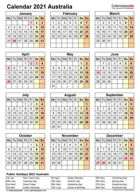 Printable 2021 Calendar With Holidays Australia