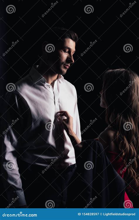Woman Gently Touching Handsome Man Isolated Stock Image Image Of