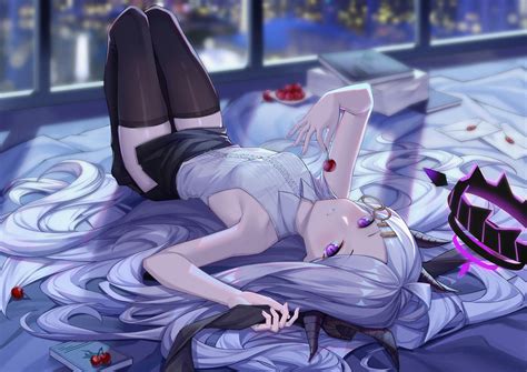 Wallpaper Anime Girls Purple Hair Lying Down Stockings Long Hair