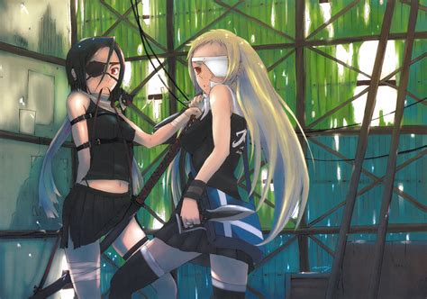 2girls Black Hair Blonde Hair Eyepatch Sword Tagme Weapon Anime