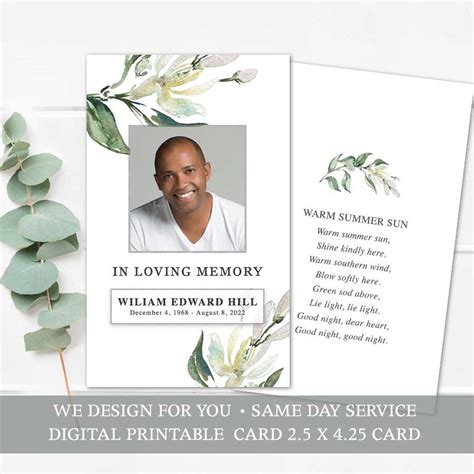 Printable Funeral Mass Card Template With A Photo And A Custom Poem
