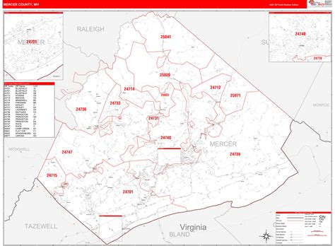 Mercer County, WV Zip Code Wall Map Red Line Style by MarketMAPS - MapSales