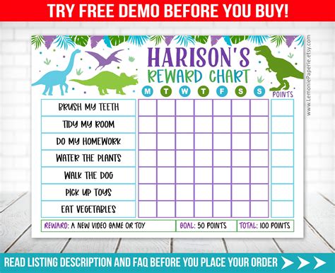 Dinosaur Chore Chart Editable Dino Reward Chart Kids Daily Etsy