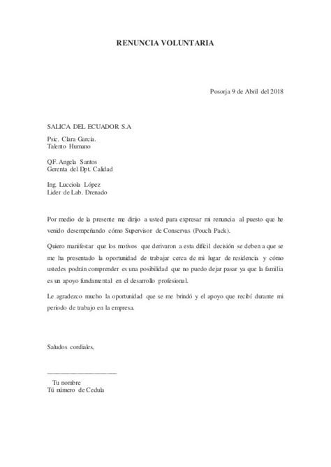 Carta De Renuncia Laboral Voluntaria Y Agradecimiento Bolivia Best