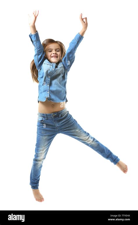 Cheerful Little Girl Jumping On White Background Stock Photo Alamy