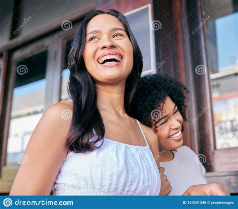 Funny Women Or Couple Of Friends Love Laughing At Joke While Talking Conversation Or Speaking
