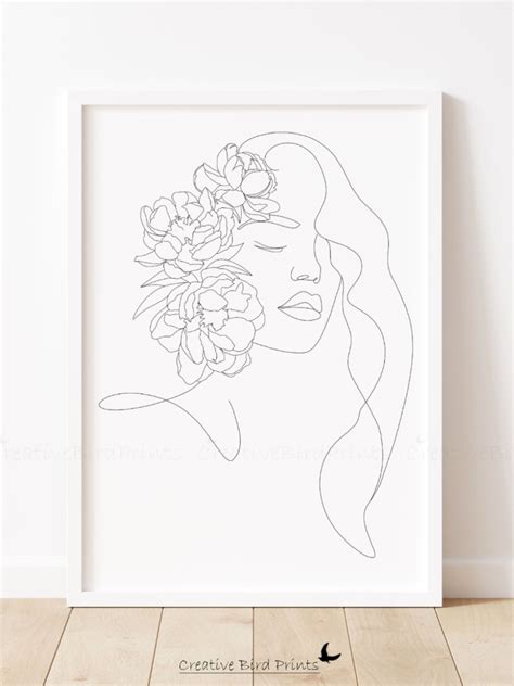 Female Line Drawing Flower Head Art Woman Line Art Female Etsy Line