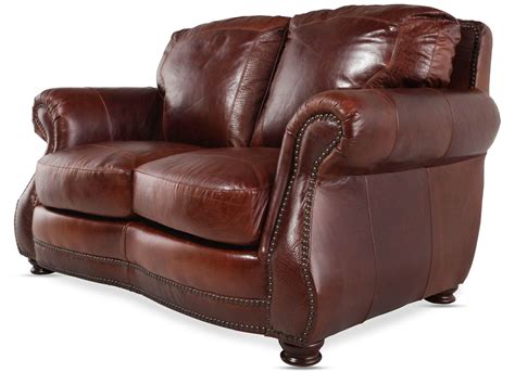 Nailhead Trimmed Leather 66 Loveseat In Cognac Mathis Brothers Furniture