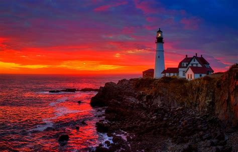 Lighthouses Portland Lighthouse Cape Elizabeth Maine Tower Sunset Light