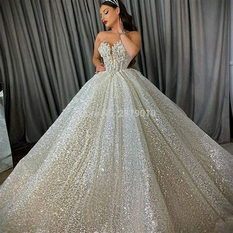 Shiny Sequined Ball Gown Wedding Dresses Long Sleeves Beading High Neck