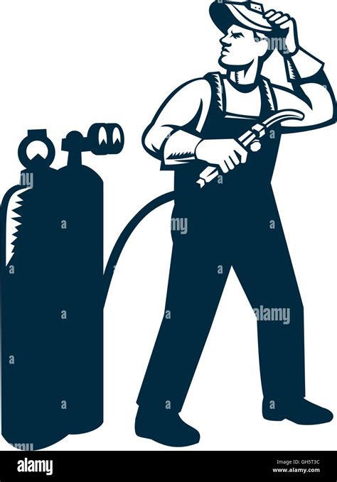 Illustration Of Welder Worker Standing With Visor Up Looking To The Side Holding Welding Torch