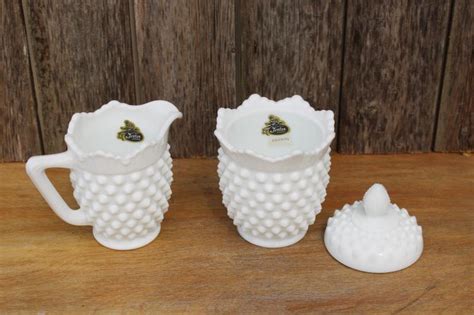 Vintage Fenton Hobnail Milk Glass Creamer And Sugar Set Tall Cream