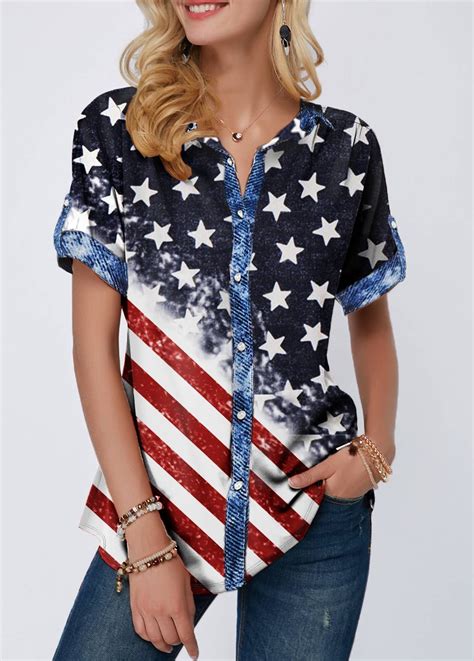 Button Up Flag Print Short Sleeve T Shirt Stylish Tops For Girls