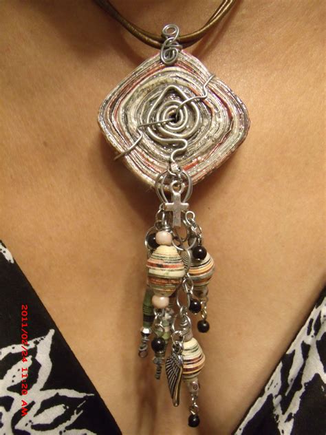 Coiled Paper Magazine Wire Wrapped Pendant With Paper Bead Dangles