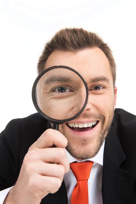 Happy Man Looking Through Magnifying Glass Stock Image Image Of