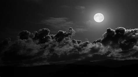Hd Wallpaper Nature Landscape Hills Clouds Moon Moonlight Monochrome