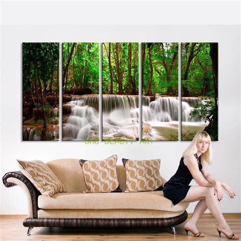 5 Panel Printed Canvas Painting Waterfalls In Forest Home Decorative