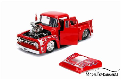1956 Ford F 100 Pick Up Truck With Engine Blower Glossy Red Jada 30979dp1 124 Scale