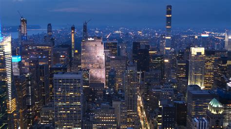 Nyc Manhattan City Skyscraper Skyline High Rise Buildings Night Stock