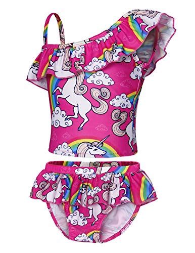 Cotrio Rainbow Unicorn Bikini Girls Kids Two Pieces Ruffle Bathing Suit