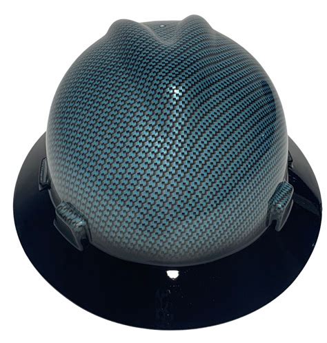Custom Hard Hat Msa V Gard Full Brim Teal Blue Carbon Fiber Hydro Dipped W Black Brim
