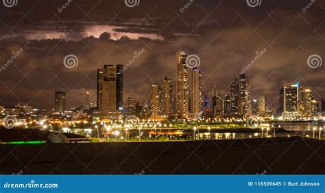 Panama City Skyline Lit Up At Night Editorial Image Image Of Panorama