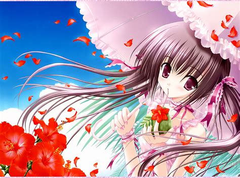 Hd Wallpaper Brunettes Flowers Ribbons Anime Umbrellas Pink Eyes