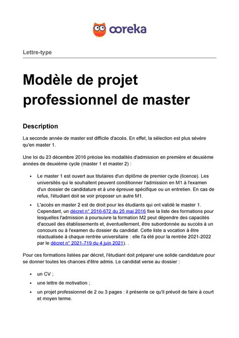 Ooreka Modele Projet Professionnel Master Lettre Type Modèle De