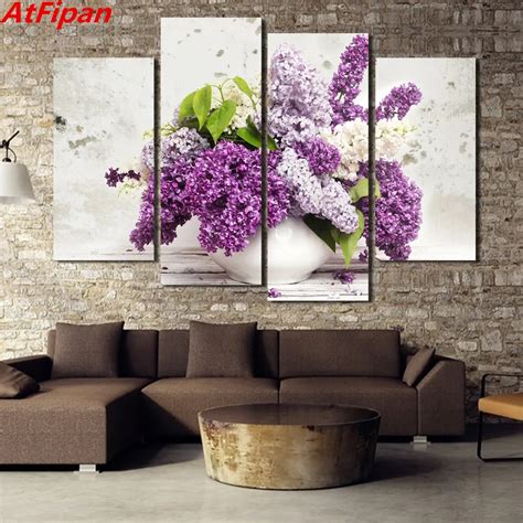 4 Panel Lilac Flower Modular Picture Painting Canvas Wall Art Picture