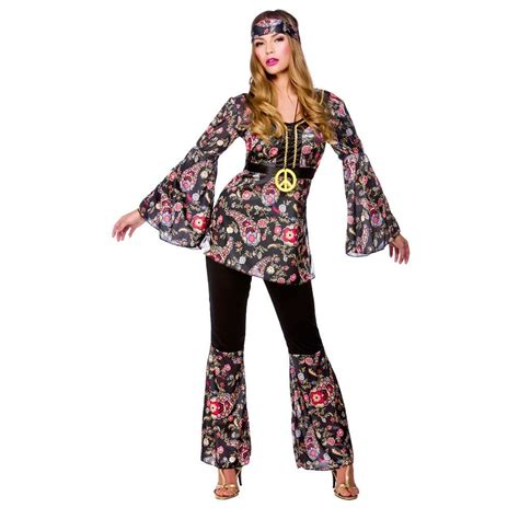 Ladies Flower Hippie Costume Adults 60s 70s Hippy Lady Fancy Dress
