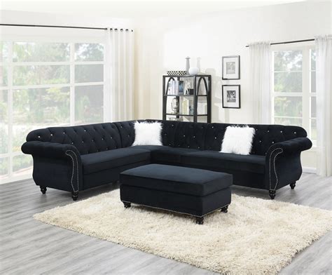 Contemporary Modern Living Room Sectional Sofa Set Black Velvet Fabric
