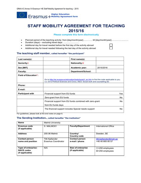 Erasmus Staff Mobility Agreement Teaching 201516