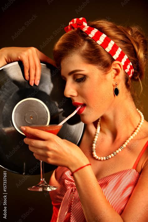 Retro Woman With Music Vinyl Record Pin Up Girl Drink Martini Cocktail Retro Female Style